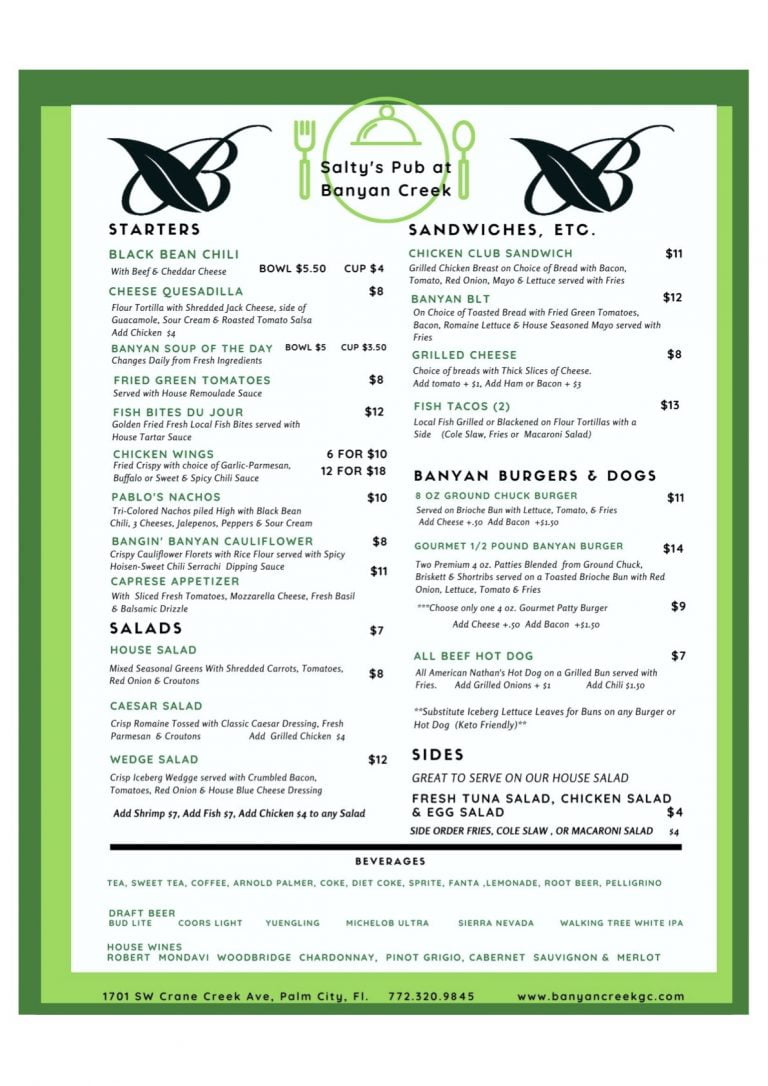 Menus Banyan Creek Golf Course Palm City Florida